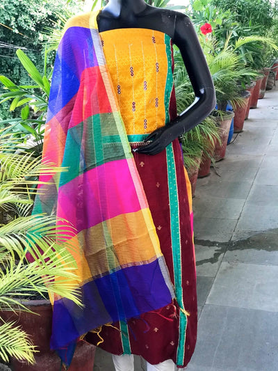 Maroon Brocade Patchwork Cotton Silk Set