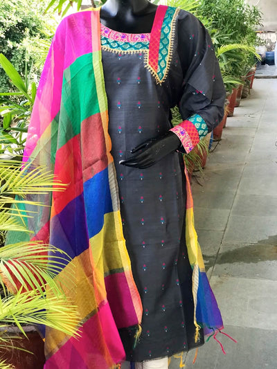 Grey Brocade Patchwork Cotton Silk Set