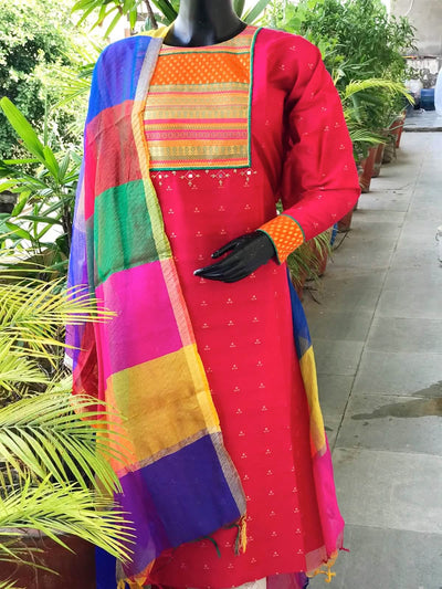 Pink Brocade Patchwork Cotton Silk Set