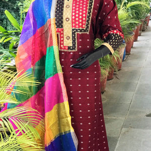 Maroon Brocade Patchwork Cotton Silk Set