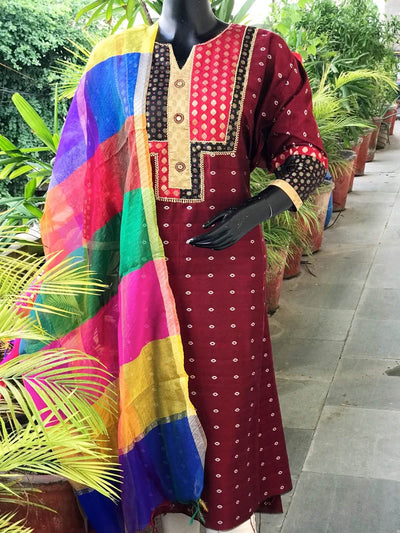 Maroon Brocade Patchwork Cotton Silk Set