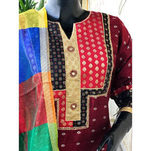 Maroon Brocade Patchwork Cotton Silk Set