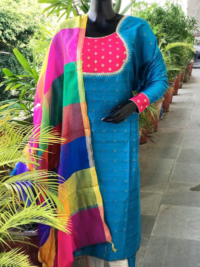 Blue Brocade Patchwork Cotton Silk Set