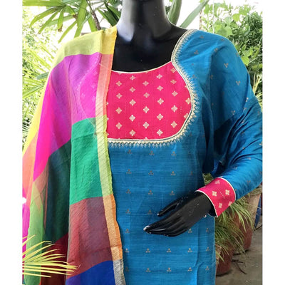 Blue Brocade Patchwork Cotton Silk Set