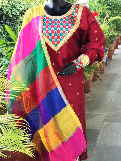 Maroon Brocade Patchwork Cotton Silk Set