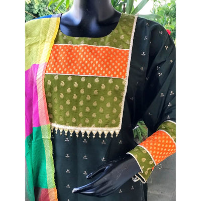 Moss Green Brocade Patchwork Cotton Silk Set