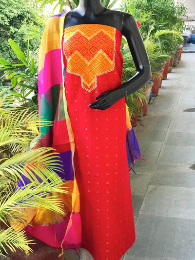 Red Brocade Patchwork Cotton Silk Set