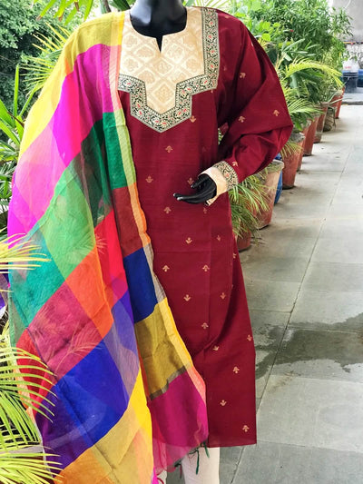 Maroon Brocade Patchwork Cotton Silk Set
