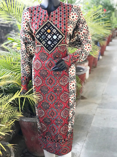 Cream Ajrakh Modal Designer Patchwork Kurti