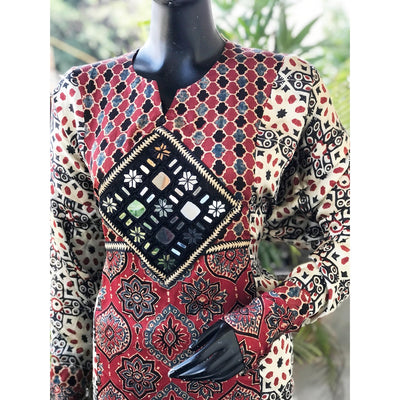 Cream Ajrakh Modal Designer Patchwork Kurti