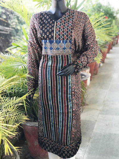 Coffee Ajrakh Modal Designer Patchwork Kurti