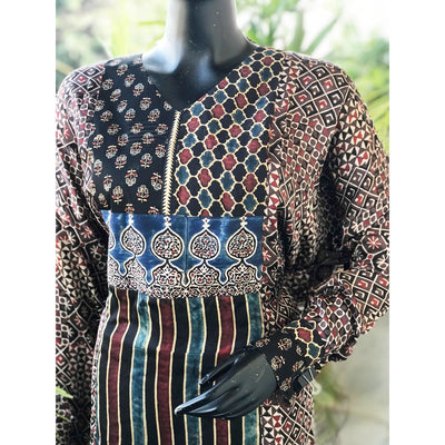 Coffee Ajrakh Modal Designer Patchwork Kurti