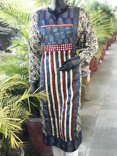 Cream Ajrakh Modal Designer Patchwork Kurti
