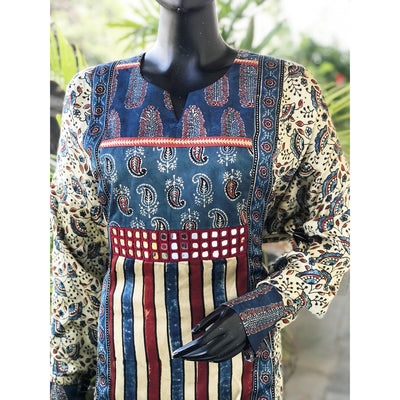 Cream Ajrakh Modal Designer Patchwork Kurti