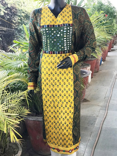 Green Ajrakh Modal Designer Patchwork Kurti