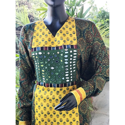 Green Ajrakh Modal Designer Patchwork Kurti