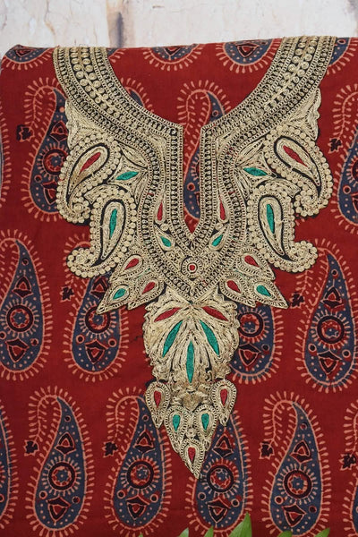 Ajrakh with Kashmiri Work Kurti