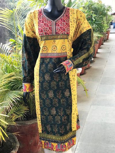 Yellow Ajrakh Cotton Designer Patchwork Kurti