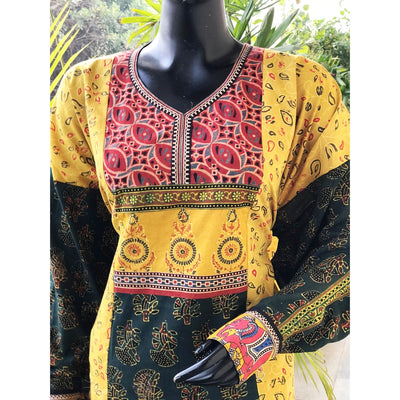Yellow Ajrakh Cotton Designer Patchwork Kurti