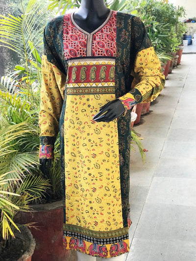 Green Ajrakh Cotton Designer Patchwork Kurti