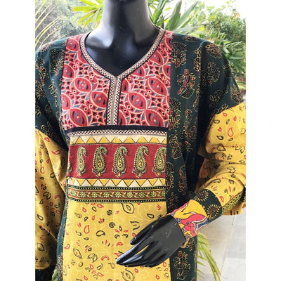 Green Ajrakh Cotton Designer Patchwork Kurti
