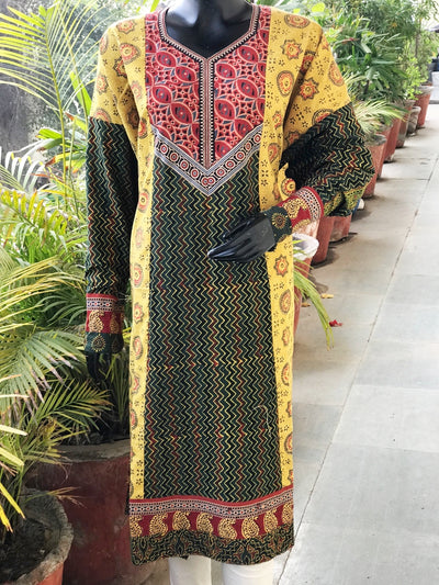 Yellow Ajrakh Cotton Designer Patchwork Kurti