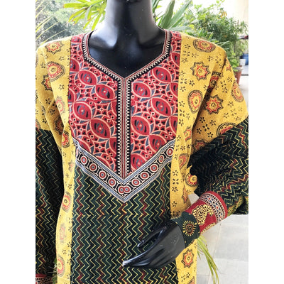 Yellow Ajrakh Cotton Designer Patchwork Kurti