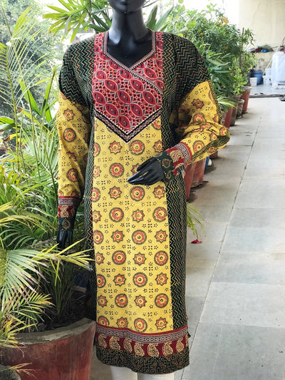 Green Ajrakh Cotton Designer Patchwork Kurti