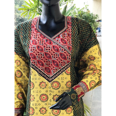 Green Ajrakh Cotton Designer Patchwork Kurti