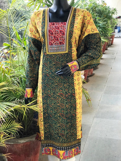 Yellow Ajrakh Cotton Designer Patchwork Kurti