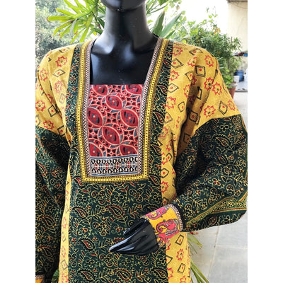 Yellow Ajrakh Cotton Designer Patchwork Kurti