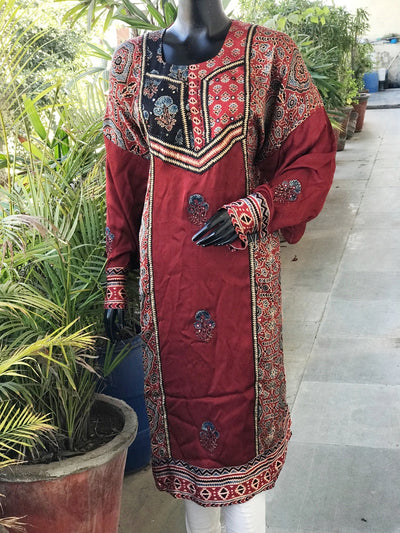 Madder Ajrakh Modal Designer Kurti with Hand Embroidery