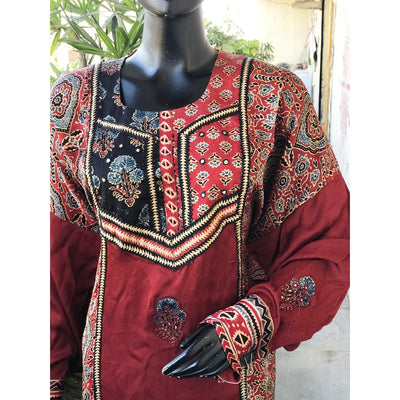 Madder Ajrakh Modal Designer Kurti with Hand Embroidery