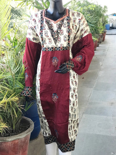 Cream Ajrakh Modal Designer Kurti with Hand Embroidery