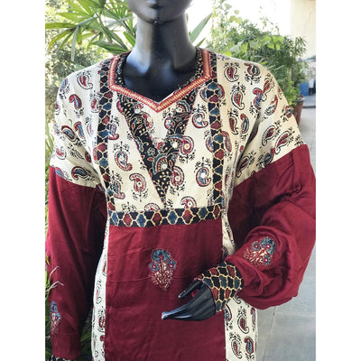 Cream Ajrakh Modal Designer Kurti with Hand Embroidery