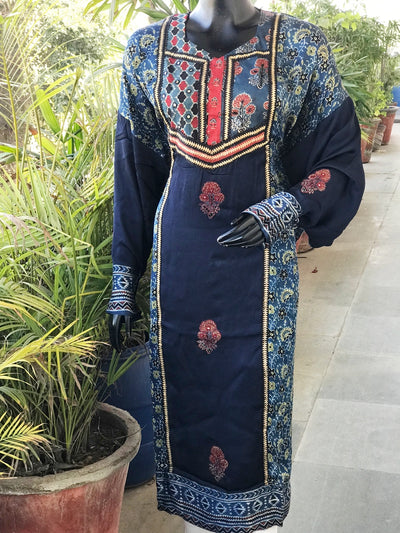 Indigo Ajrakh Modal Designer Kurti with Hand Embroidery
