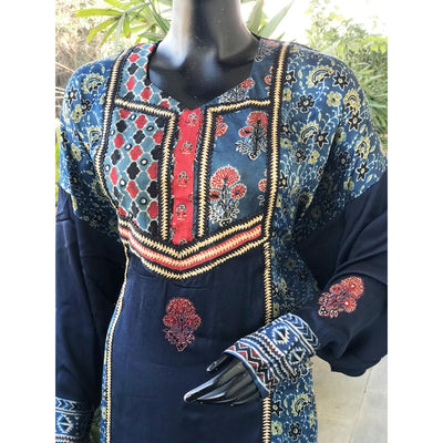 Indigo Ajrakh Modal Designer Kurti with Hand Embroidery