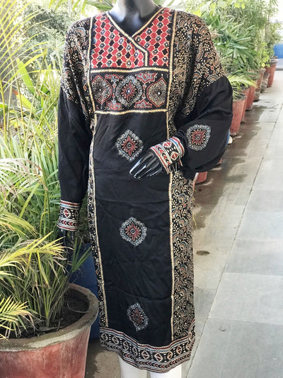 Black Ajrakh Modal Designer Kurti with Hand Embroidery