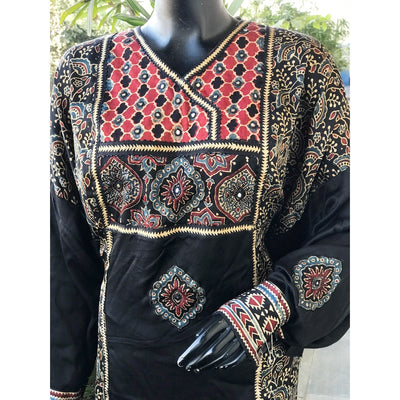 Black Ajrakh Modal Designer Kurti with Hand Embroidery
