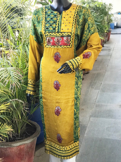 Green Ajrakh Modal Designer Kurti with Hand Embroidery