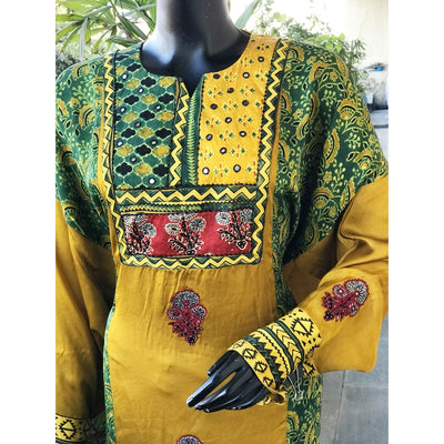 Green Ajrakh Modal Designer Kurti with Hand Embroidery