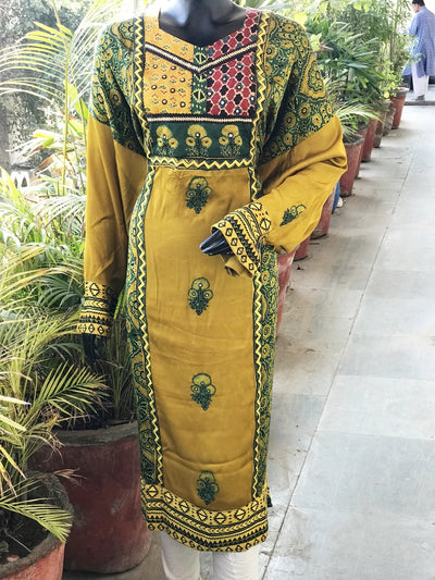 Green Ajrakh Modal Designer Kurti with Hand Embroidery