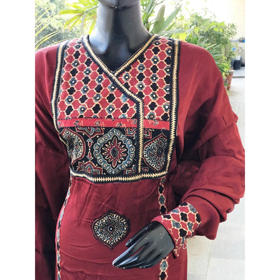 Madder Ajrakh Modal Designer Kurti with Hand Embroidery