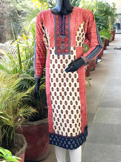Cream-Peach Ajrakh-Shibori Designer Cotton Patchwork Kurti