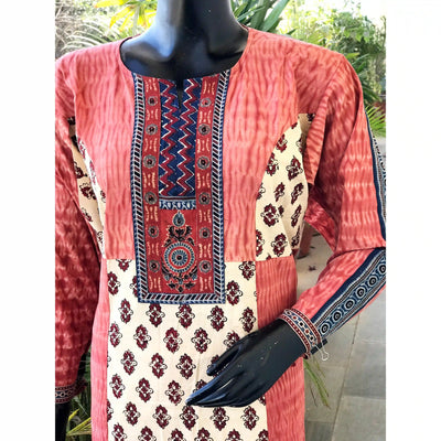 Cream-Peach Ajrakh-Shibori Designer Cotton Patchwork Kurti