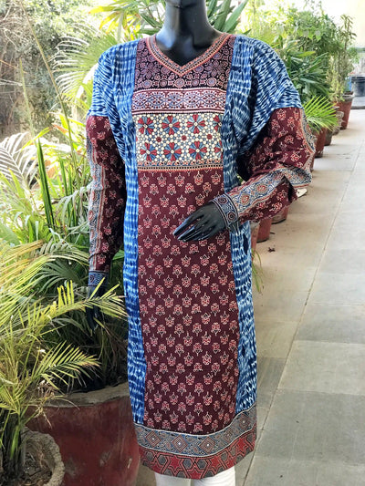 Maroon Ajrakh-Shibori Designer Cotton Patchwork Kurti