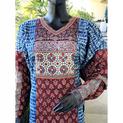 Maroon Ajrakh-Shibori Designer Cotton Patchwork Kurti