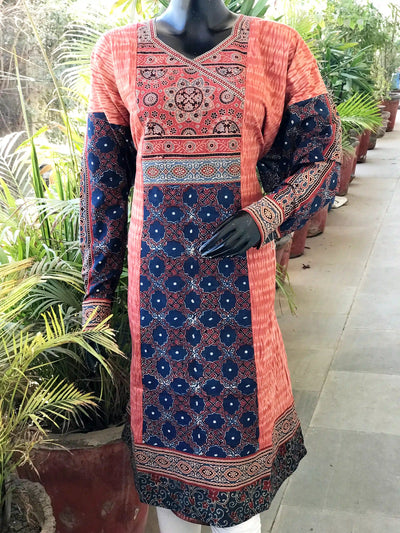 Indigo Ajrakh-Shibori Designer Cotton Patchwork Kurti