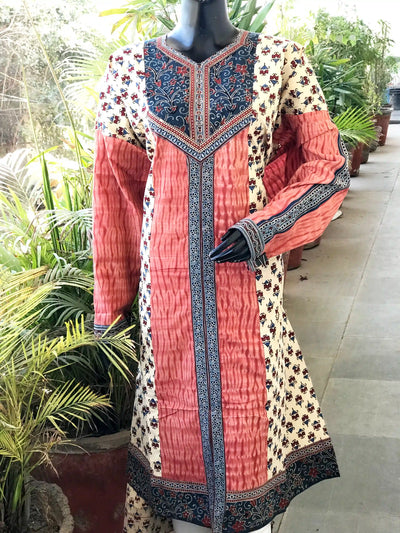 Cream Ajrakh-Shibori Designer Cotton Patchwork Kurti