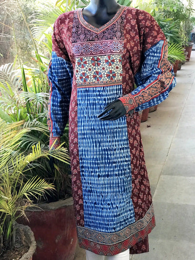 Maroon Ajrakh-Shibori Designer Cotton Patchwork Kurti